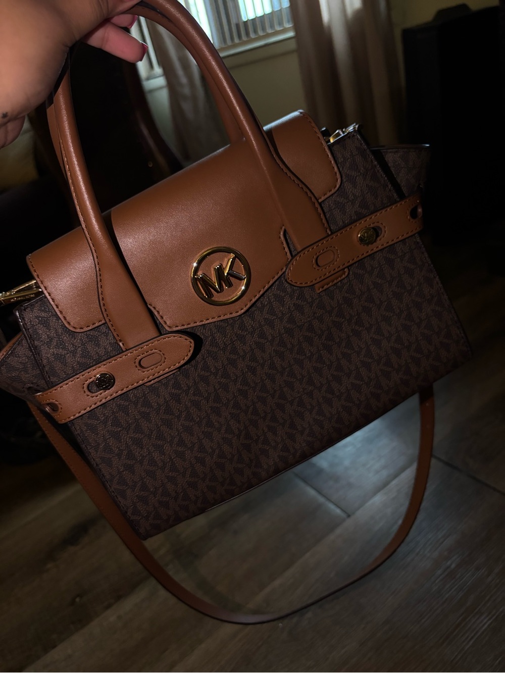 Michael Kors Brown Logo Satchel with Tan Trim